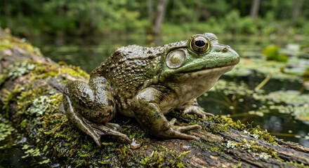 Obraz premium A hyper-detailed, low-angle portrait of a massive American Bullfrog sitting on a moss-covered log. 