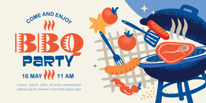 Barbecue party horizontal banner, template, creative, textured, modern vector illustration with barbecue area