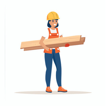 Female construction worker carrying lumber
