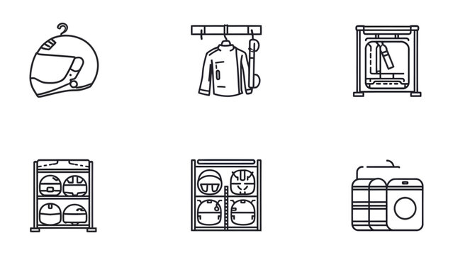 Gear Icons: Collection of line icons for motorcycle gear, including helmets, jacket, and accessories. This image shows the essential components.