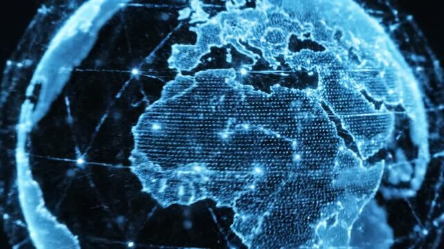 Digital globe network connection technology data communication illuminated map Africa Europe Middle East futuristic blue abstract global internet cyberspace visualization science digital art global