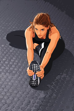 Professional female athlete performing a seated leg stretch on a training mat in a gym.