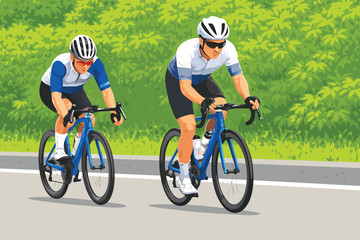 Naklejka premium Two professional cyclists riding bicycles on a paved road during an outdoor training session.