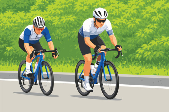 Two professional cyclists riding bicycles on a paved road during an outdoor training session.