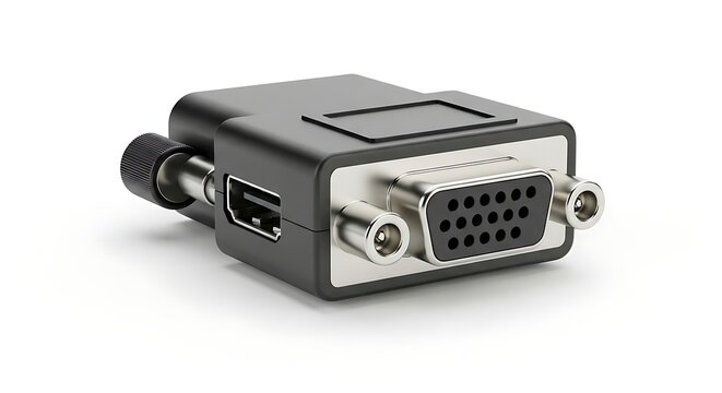 Close up of a black computer adapter with various ports isolated on white