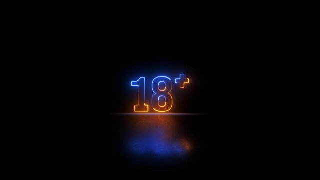 Neon glowing 18 plus icon video animation. 18 plus limit video animation. 18 plus warning symbol. Over 18+ adult sign animation. Age limit under 18 animation. Eighteen plus prohibited sign animation.