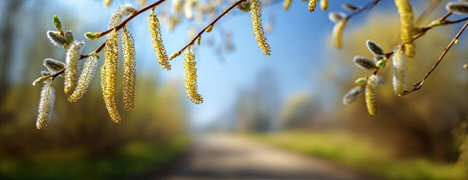 Delicate spring catkins dangle against a soft-focus background of nature
