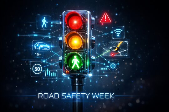 Smart traffic light symbolizes Road Safety Week with digital icons.