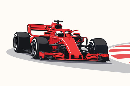 Red formula one racing car speeding on a professional circuit track with blurred motion effect.