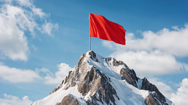 Red flag on snowy mountain peak under blue sky