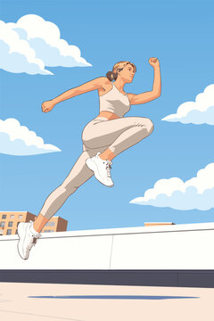 Athletic woman in white sportswear performing a dynamic long jump against a bright blue sky.