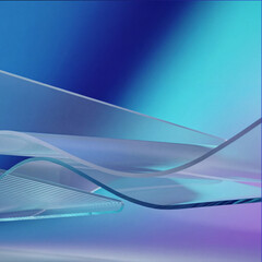 Naklejka premium Close-up of 3D transparent glass layers with lines on blue gradient, abstract acrylic waves, futuristic tech background, modern corporate backdrop