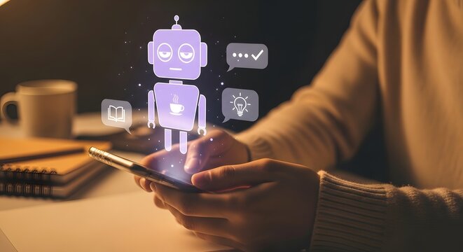 A person holds a smartphone displaying a holographic robot projection blending technology and human interaction