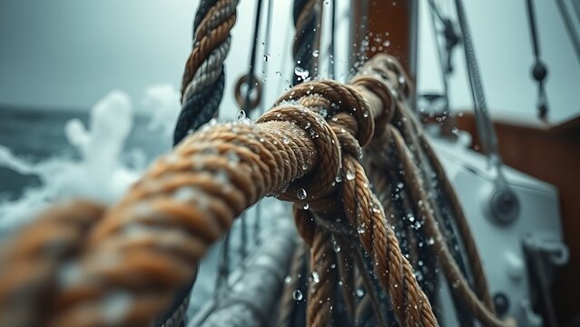 Wet ship ropes pulled taut during a storm, showing texture and tension.