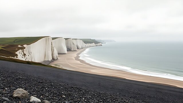 Dover white cliffs and expansive coastline, overcast weather, cinematic landscape.