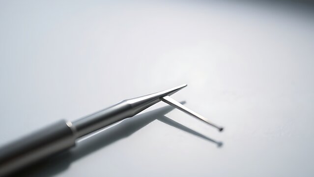Single surgical lancet on a sterile surface, metal tool reflecting soft light.