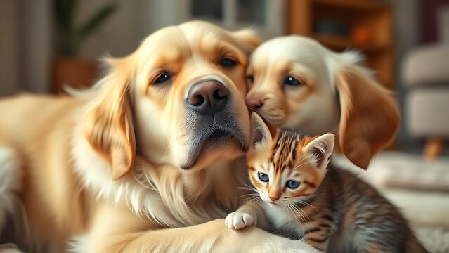 Golden retriever and kitten together in peaceful interaction.