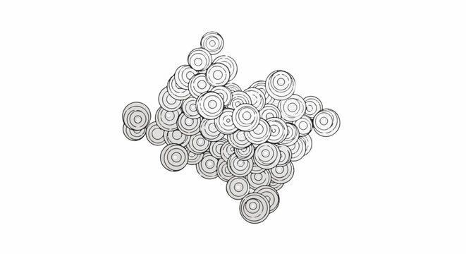 A dense cluster of black-lined white circles with concentric rings