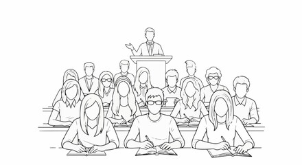 Obraz premium A lecturer addresses students seated at desks with open books and pens