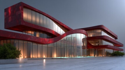 Fototapeta premium A stunning building stands with flowing curves and bright red panels, reflecting the evening light