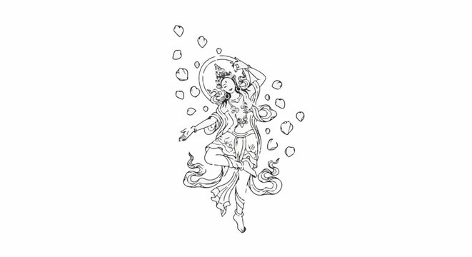 Stylized black and white outline of a dancing figure with floral elements