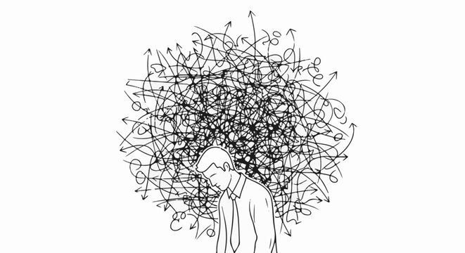 Troubled man overwhelmed by chaotic thoughts and directions