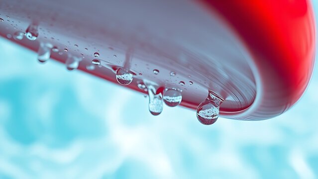 Close-up of a red waterski underside with water droplets on a blurred blue background.