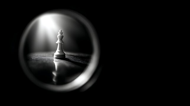 White chess king piece reflected in a shiny black sphere on a dark surface reflection