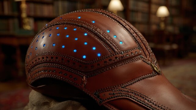 Textured brown leather cap with embedded glowing blue lights and ornate embossed detailing