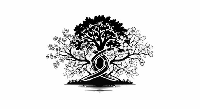 Stylized tree with intertwined trunk and blossoming branches