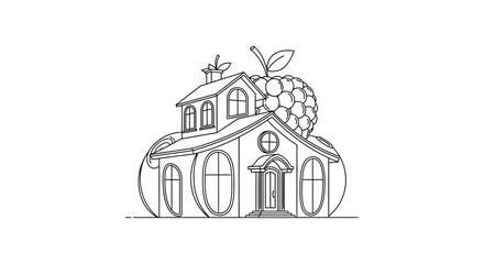 Fototapeta premium Whimsical House Shaped Like a Pumpkin with Raspberry Roof, Fantasy Home Illustration