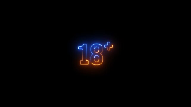 Neon glowing 18 plus icon video animation. 18 plus limit video animation. 18 plus warning symbol. Over 18+ adult sign animation. Age limit under 18 animation. Eighteen plus prohibited sign animation.