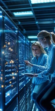Professional Team Conducting Detailed Inspection of Data Center Server Room and Networking Equipment
