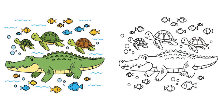 Underwater Scene with Alligator, Turtles, and Fish, Color and Outline Versions