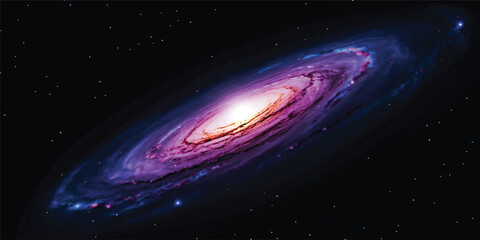 A glowing blue planet Earth orbits the bright sun within a dark, star-filled cosmos where a distant spiral galaxy and nebula light up the abstract beauty of the vast science fantasy universe © Midul