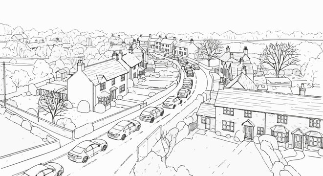 Busy village road with queue of cars and houses
