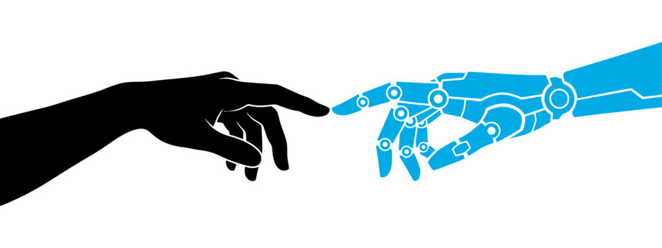 Hand reaching towards interconnected digital network nodes and technology icons editable vector silhouette