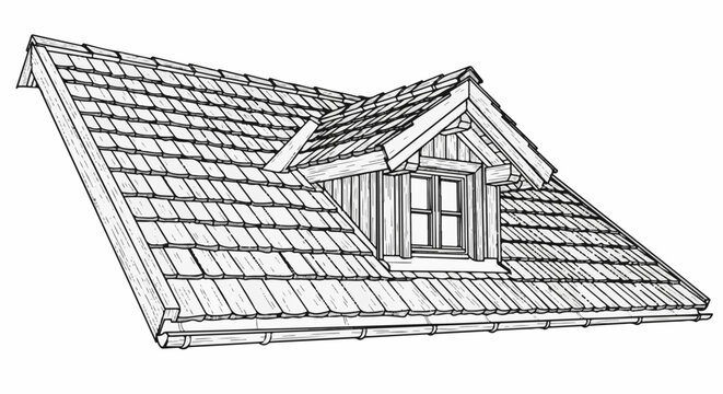 Detailed line art illustration of a wooden shingled roof with a dormer window