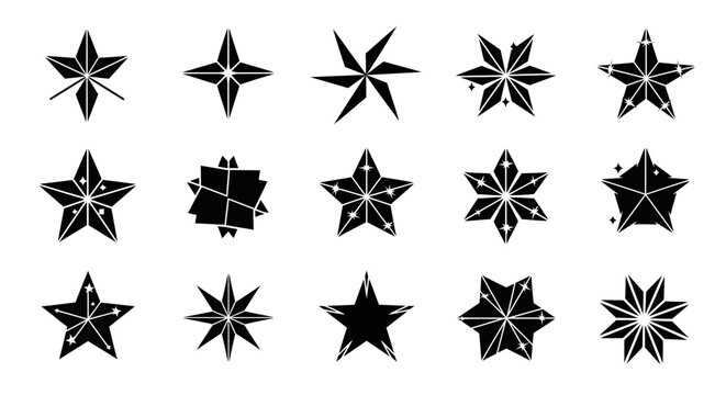 Set of Black Star Icons and Geometric Sparkle Shapes
