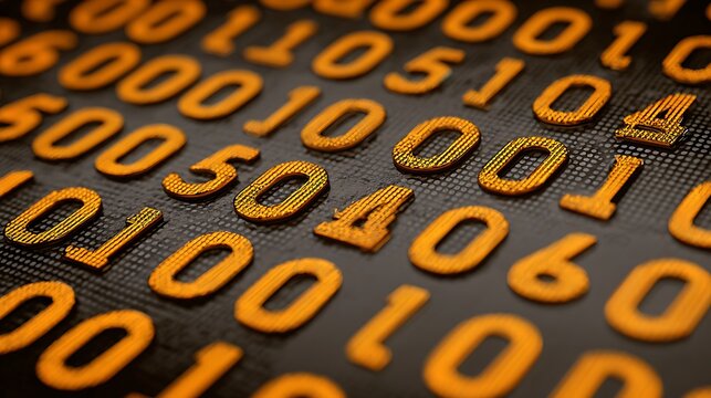 Yellow digital binary code numbers on dark background with numeric sequences digits
