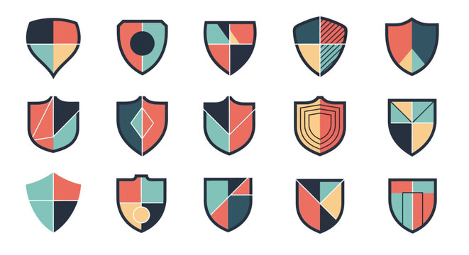 Set of Flat Vector Shield Icons with Geometric Patterns and Modern Color Palette