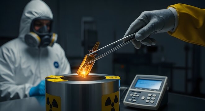 Hazardous material handling a person in protective gear carefully manipulates a burning substance in a lab