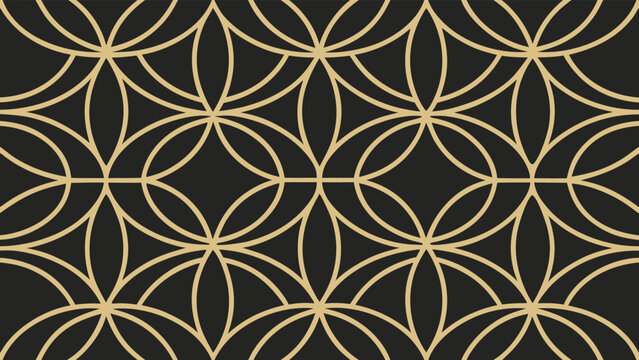 Geometric pattern with interlocking circles and petal shapes in gold and black