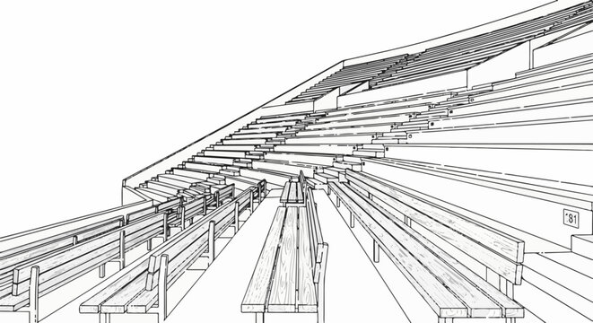Perspective drawing of empty wooden bleachers under a clear sky