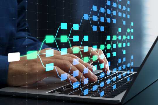 AI scenario generation and strategic planning. Predictive analytics and scenario simulation. Businessman using laptop computer for decision support.
