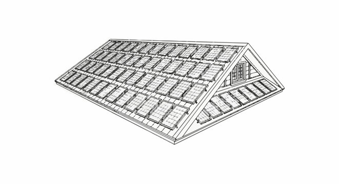 Sketch of a pitched roof covered with numerous solar panels