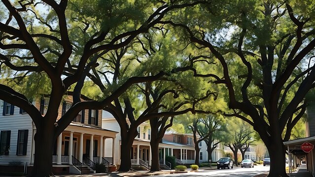Historic southern homes under ancient oak trees in a district.