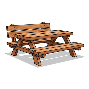 Wooden Picnic Table with Attached Benches - Outdoor Furniture Illustration