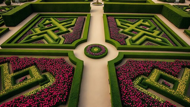 Symmetrical flower beds in French garden, aerial view of trimmed shrubs.