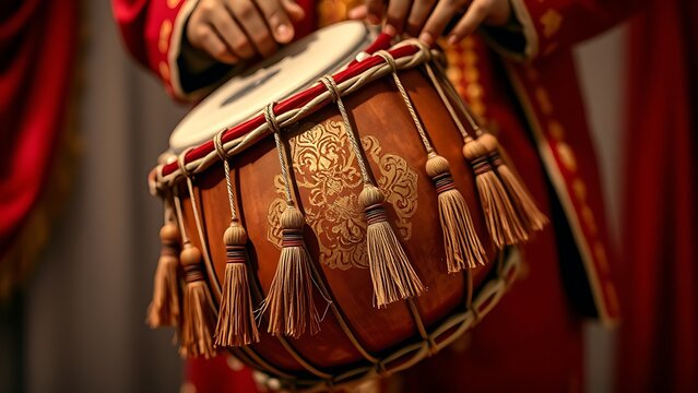A traditional red and gold dhol drum being played, tassels swinging with rhythm.